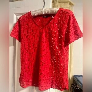 Maje Cotton-Blend Trompette V Neck Lace Red Top - Size 2 / Small